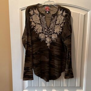 Johnny Was Olive and Beige Embroidered Long Sleeve Top